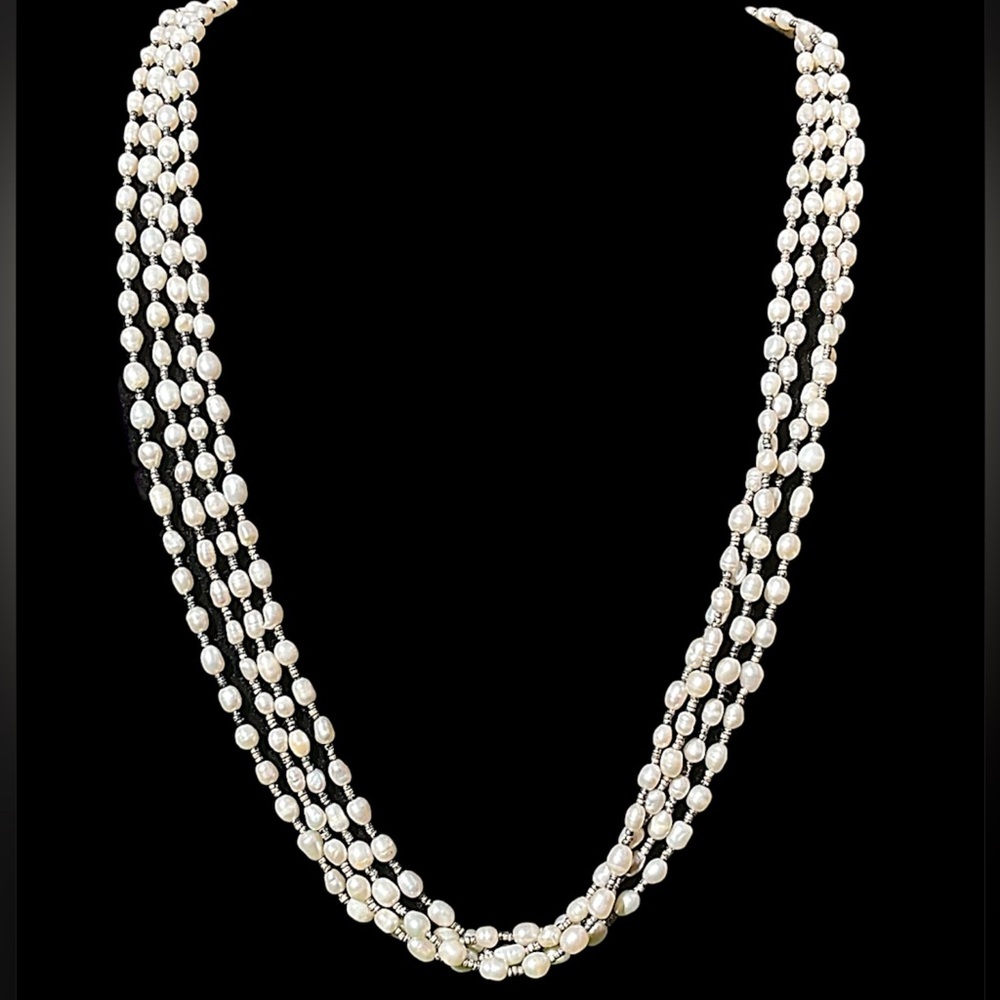 Vintage Freshwater Pearl Sterling Silver Four Strand Necklace 27.5”
